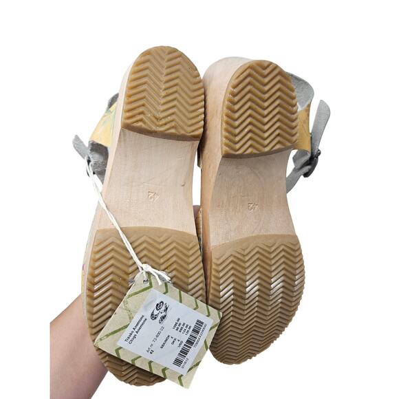 NEW Gudrun Sjoden 42 Wooden Floral Painted Leather Clog Lagenlook Boho Yellow